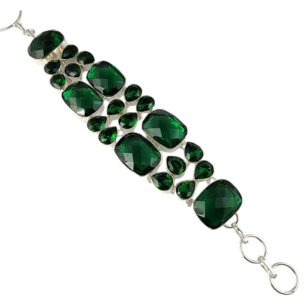 Green faceted glass silver bracelet chunky statement bracelet